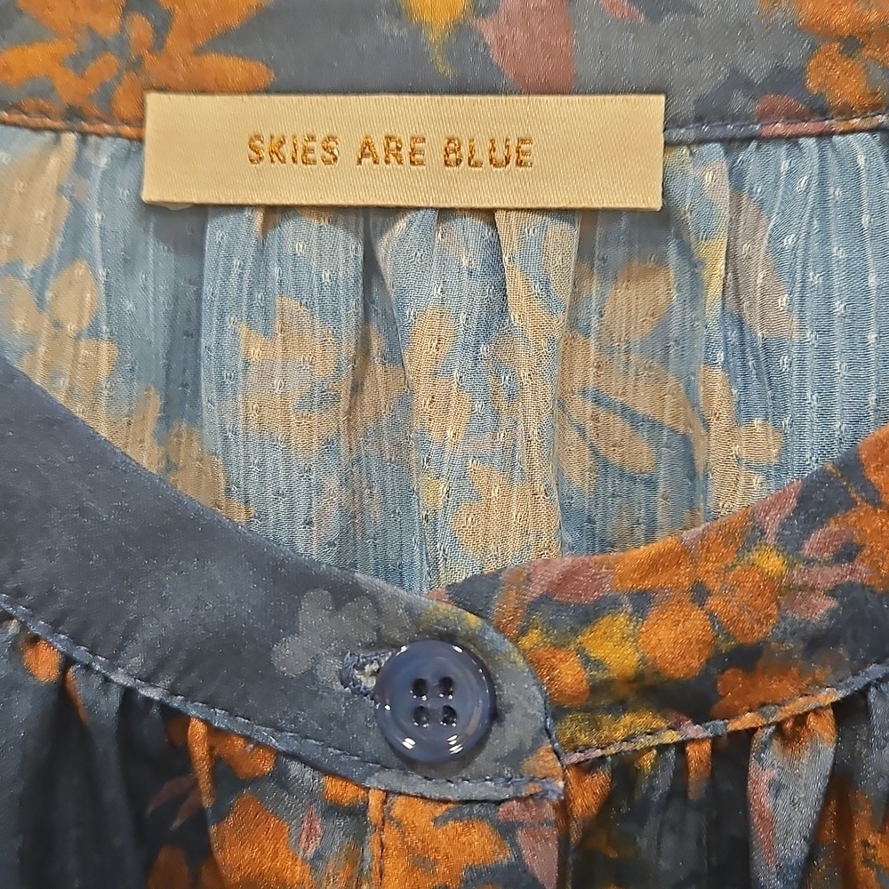 💕SKIES ARE BLUE💕Long-Sleeve Button-Down Blouse ~ Teal Mustard Print  NWT - Picture 12 of 14